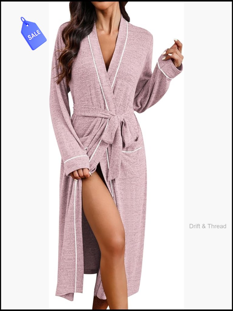 Lightweight Soft Knit Kimono Robe With Pockets, Mid-Calf Length, Tie Closure,